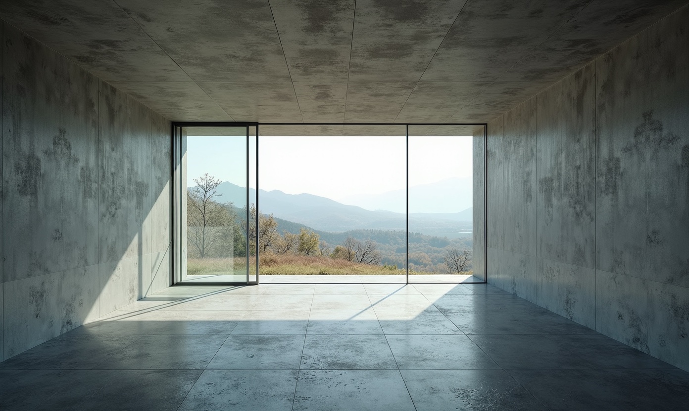 Salle monumentale vide en béton ouverte sur les montagnes