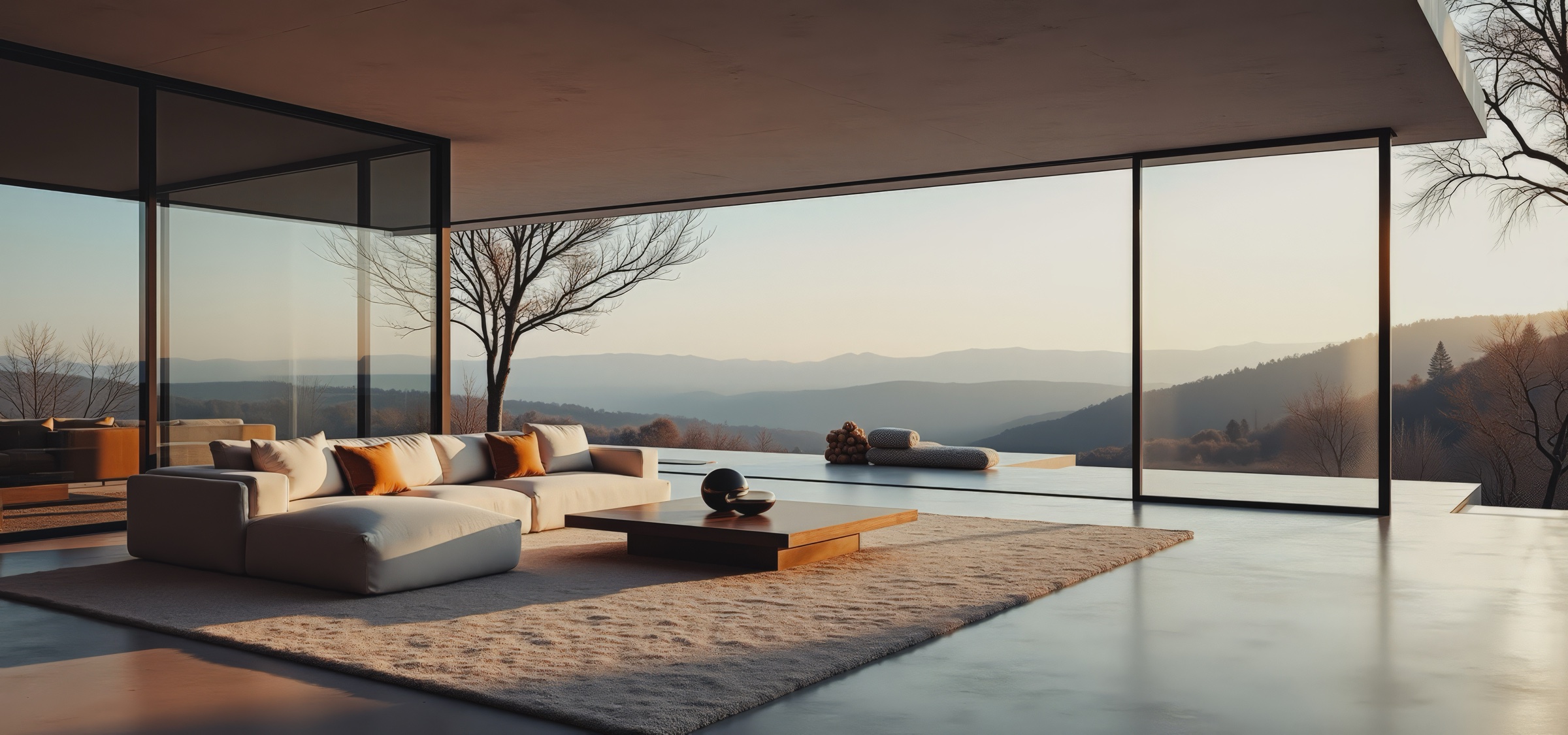 Intérieur minimaliste ouvert sur les montagnes au soleil couchant
